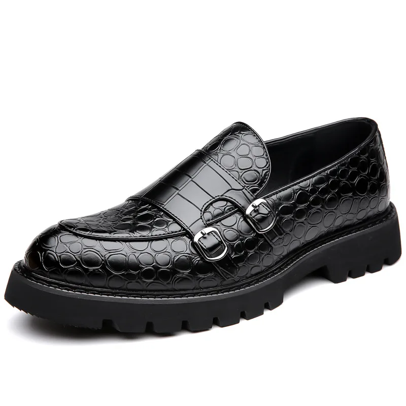 

New Spring Autumn Big Size Cow Leather Shoes for Man Fashion Belt Designer Stone Pattern Platform Brogue Dress Shoes Loafers Men