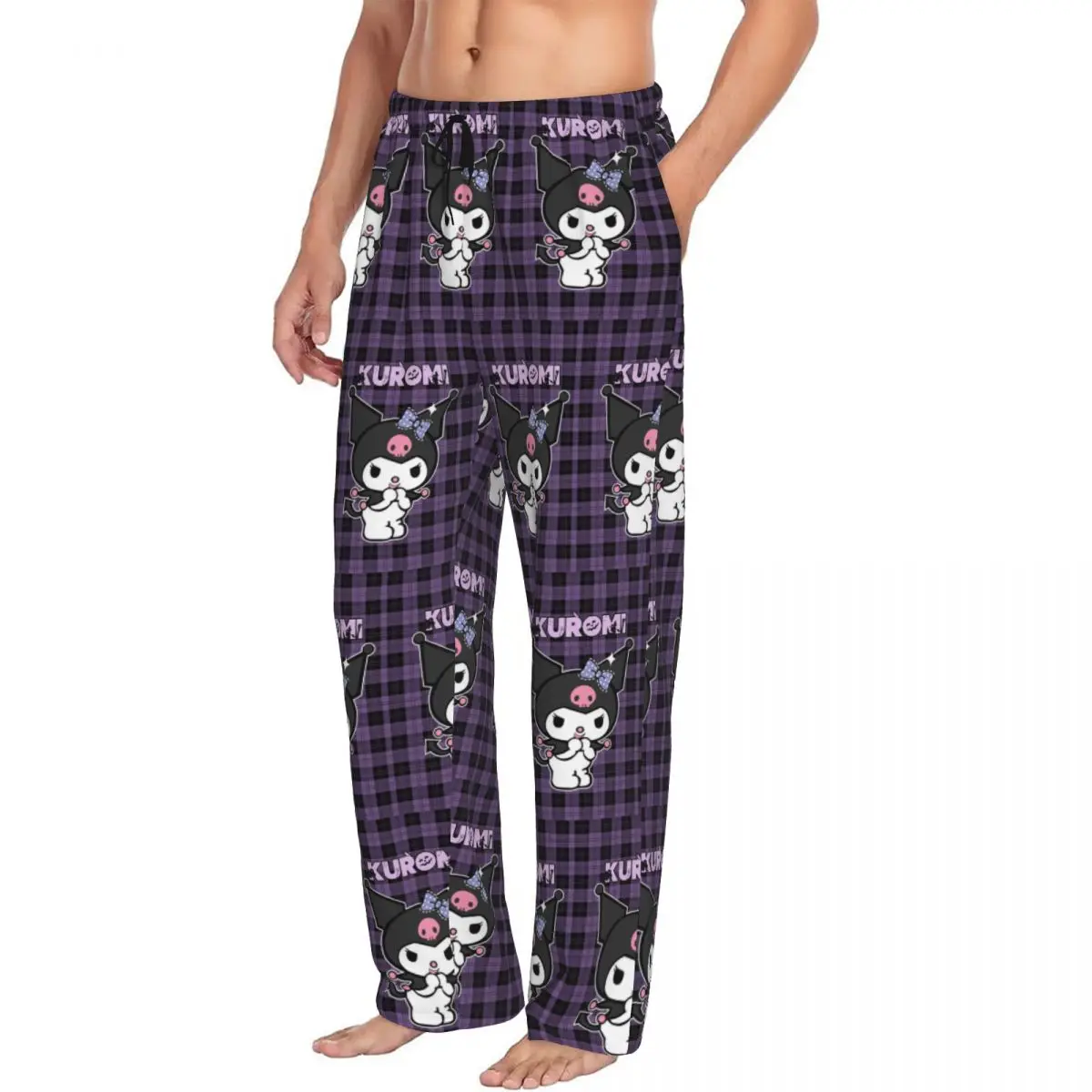 Pantalones de pijama Kuromi impresos personalizados para hombres Pantalones de dormir calientes cómicos con bolsillos