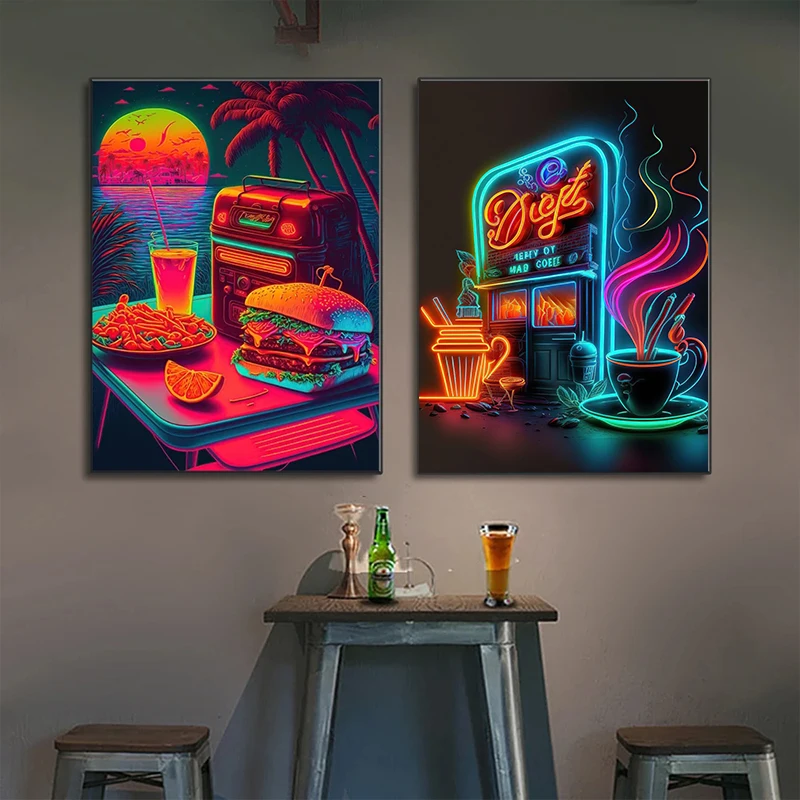 Neon Art Pizza Hamburger Coffee Ice Cream Poster Wall Canvas Painting Prints Pictures Fast Food Restaurant Club Bar Home Decor