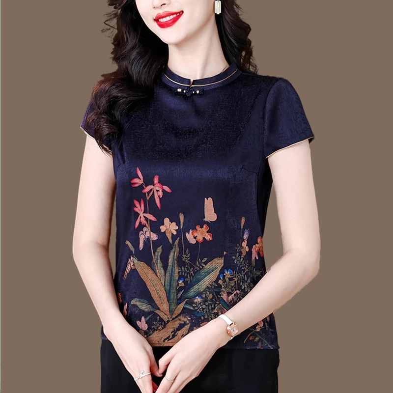 Seda ort sve camiseta feminina verão nova impressão high-end fibra de poliéster seda da mãe pequena irt marca chinesa