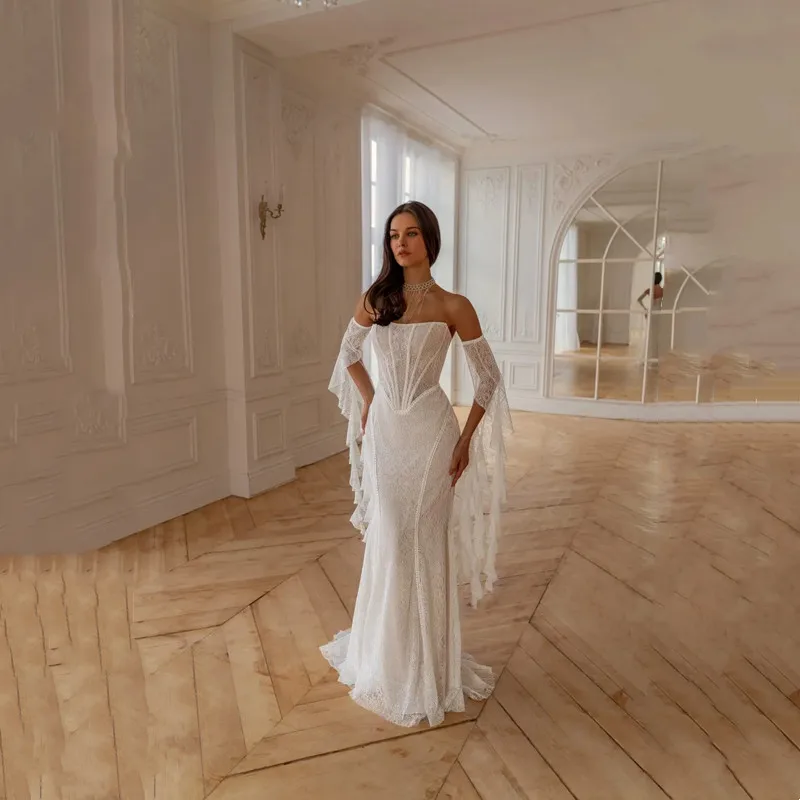 ボヘミアン マーメイド レース アップリケ ウェディングドレス エレガント アイボリー ストラップレス プリーツ オフショルダー セクシー バックレス レースアップ ガウン Vestidos