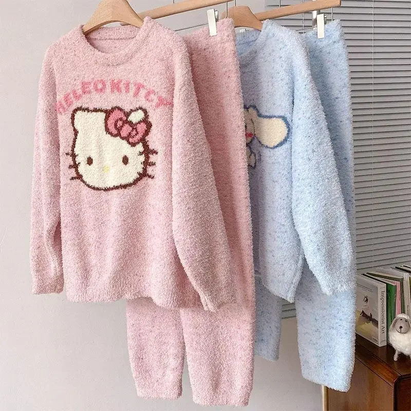 Cartoon Sanrio Hello Kitty Kawaii Pajama Set Cinnamoroll Autumn Winter Indoor Soft Loose Thicken Keep Warm Round Neck Pajamas