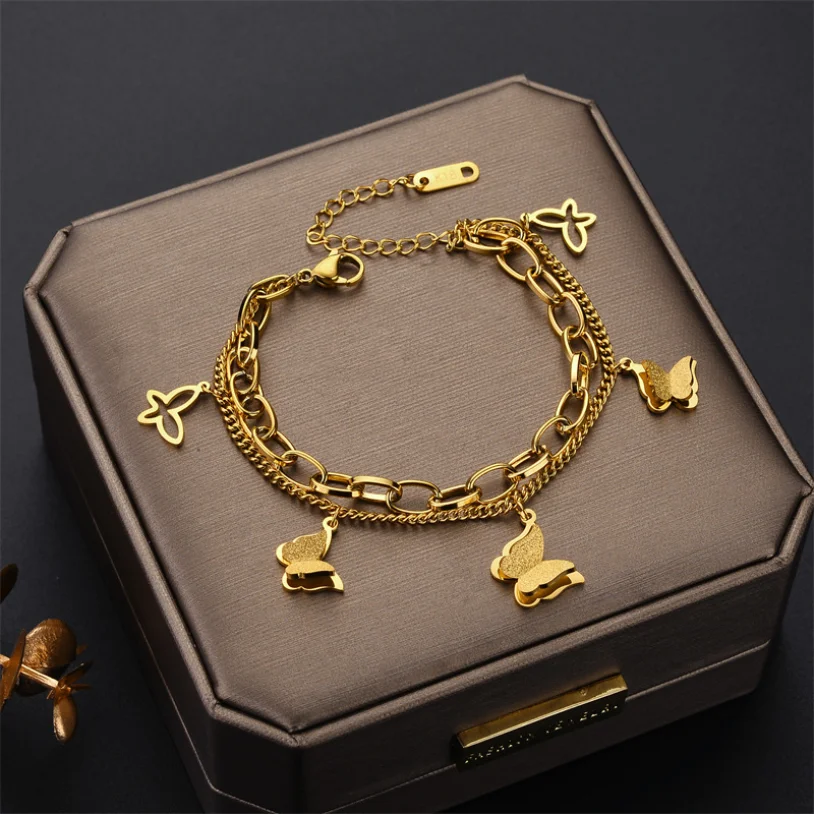 316L Stainless Steel New Fashion Upscale Jewelry Multi-element 2 Layer Frosted Butterflys Charm Chain Thick Bracelets For Women