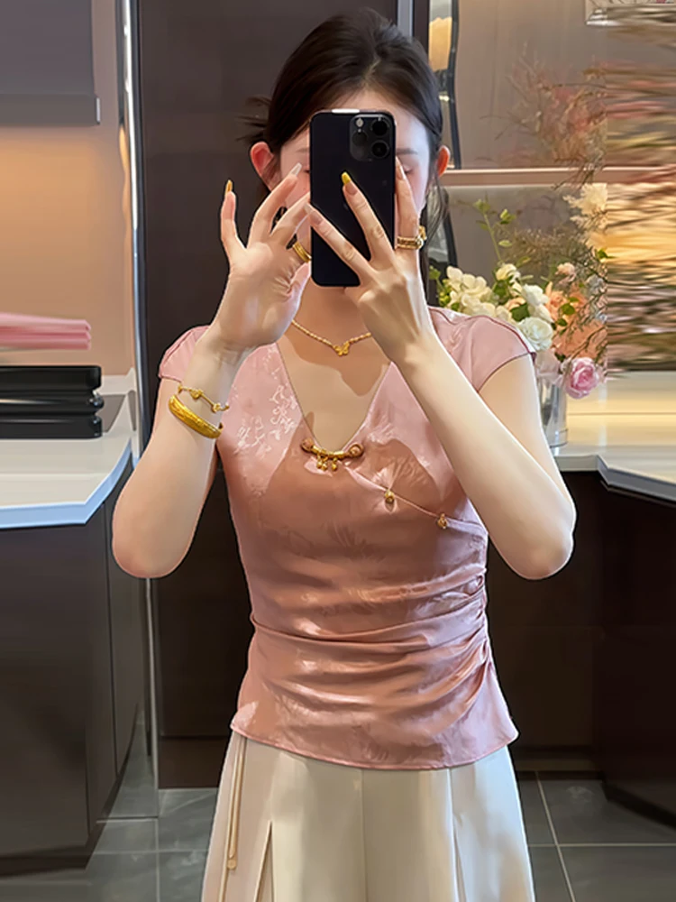 Chino Sle V-Ne irt mujer Faion adelgazante Qipao Top abotonado ort Sve transpirable cómoda versión coreana