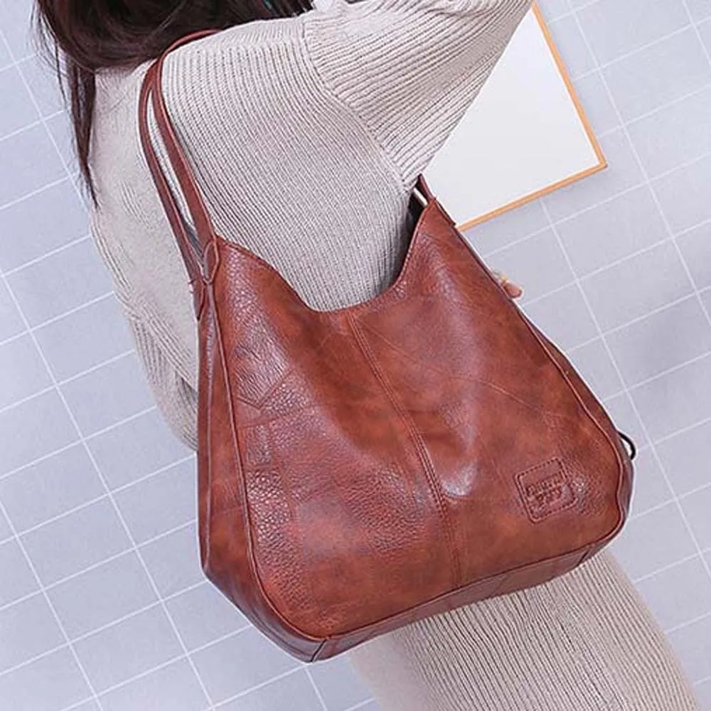 Large Capacity Vintage Leather Tote Spacious Triple Compartments Premium Vegan Leather Soft Hobo Bag Water-resistant Surface