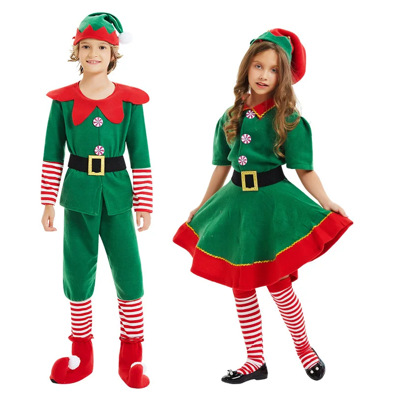 New Year Kids Santa Claus Costume Green Elf Cosplay Christmas Carnival Party Fancy Dress for Girls Boys Green Xmas Clothes Set