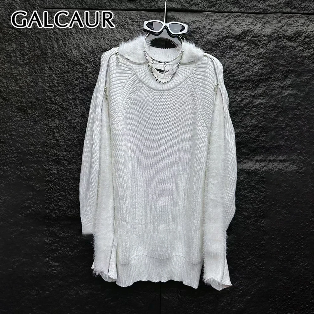 

GALCAUR однотонный свитер на молнии женский с круглым вырезом и длинным рукавом свободные милые острые женские свитера модная осенняя новая одежда