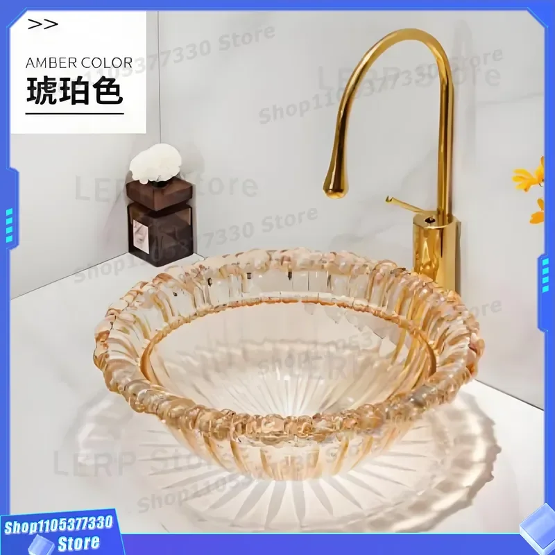 Round Tempered Glass Washbasin Diamond Art Design Crystal Bathroom Sink Transparent Colorful Options Deluxe Style Modern Home
