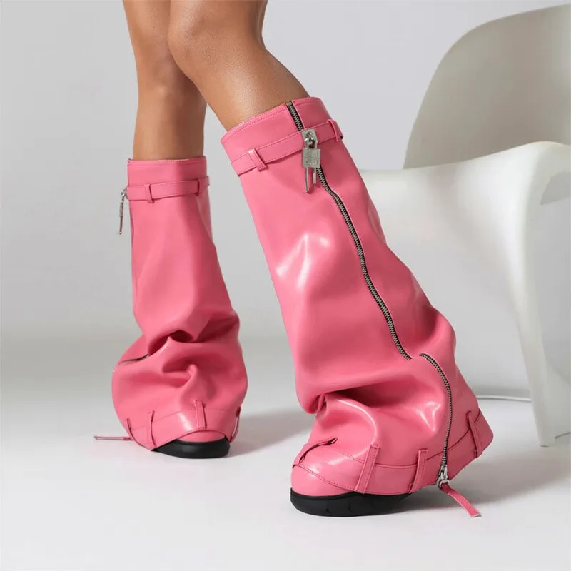 Bottes à plateforme en métal pour femmes, fermeture éclair, mi-mollet, compensées, style punk, chaussures pour femmes, tendance, grande taille, serrure, 2024