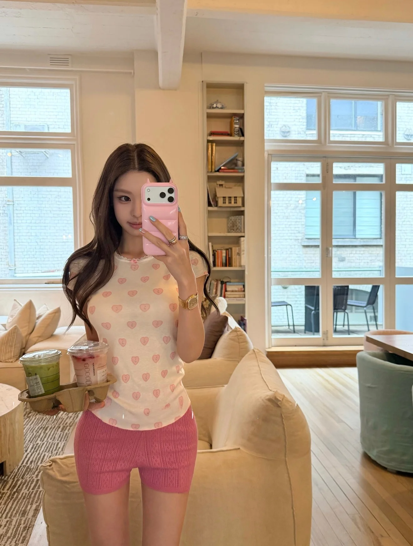 

Sweet Style Short Sleeve T-Shirt round Neck Lace Patchwork Slim Fit Cotton Top Korean Style Print Cute Pink Heart for Women