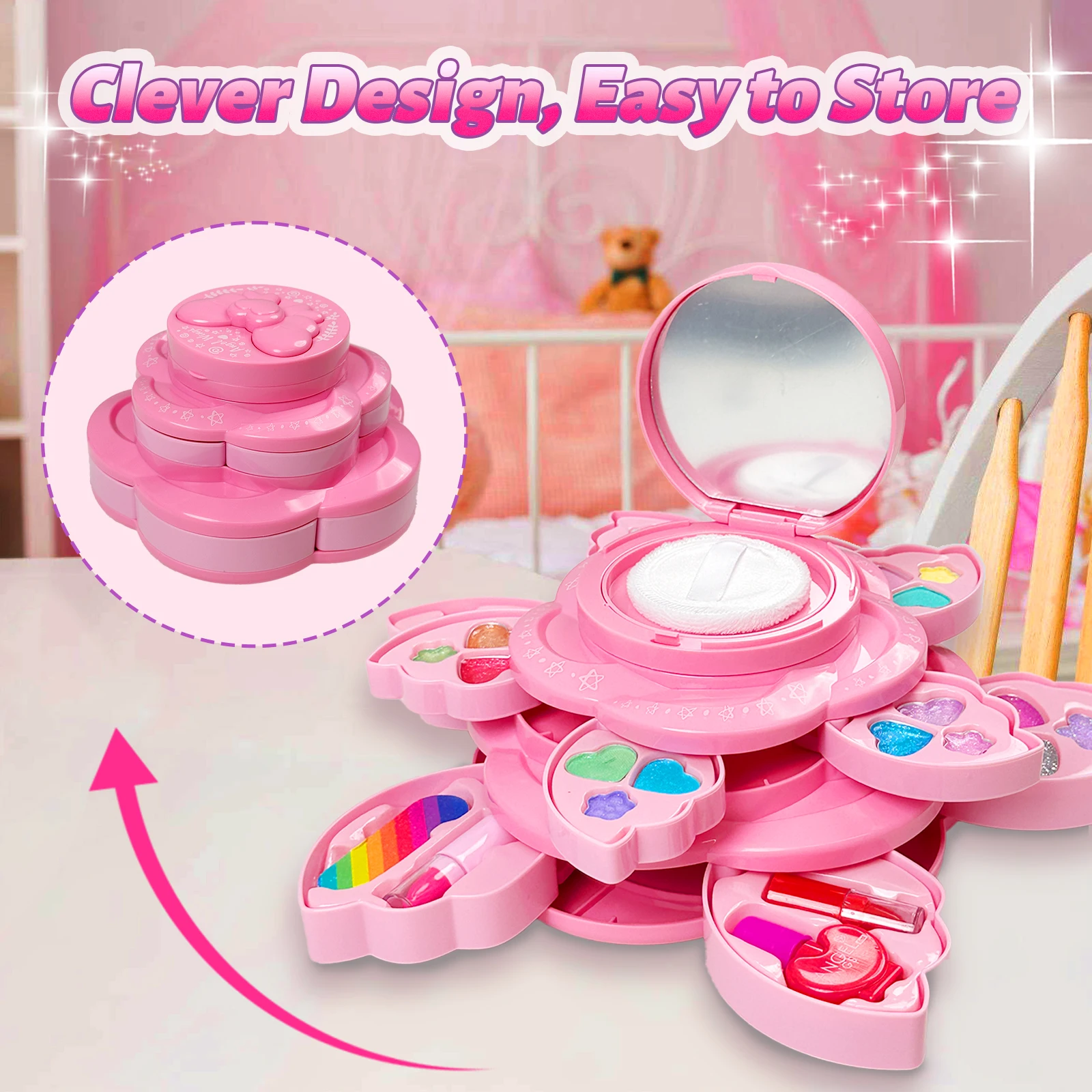 Petal-Shaped Makeup Pretend Play, Princess Cosmetics Toys with Storage Case, Children's Cognitive Toys Makeup Play Kit