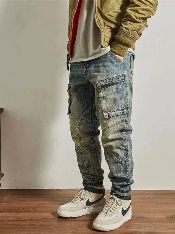 Retro Washed Motorcycle Jeans Men's Slim Straight Workwear Denim Pants Youth Fashion Wear Multi-Pocket Mid-Waist Cargo