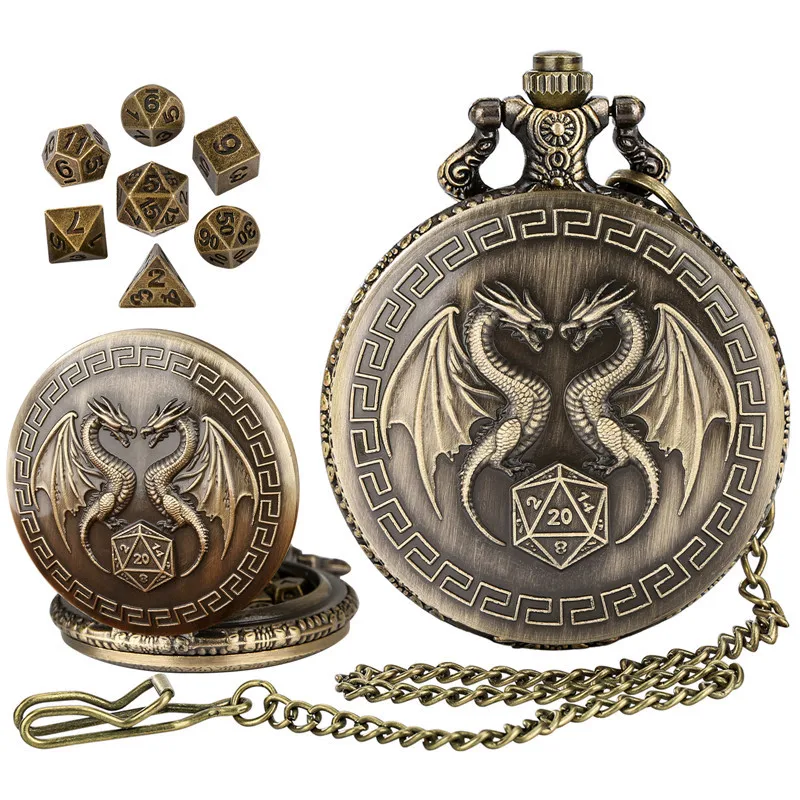 

Antique Style Engraved Double Dragon Pattern Pocket Watch Case with Pendant Chain 7Pcs/set Mini Metal Polyhedral Rpg Dices