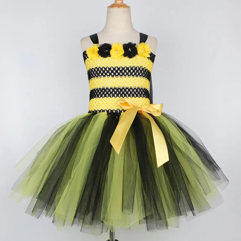 Little Bee Tutu Dress For Girls Halloweeen Cosplay Costume Tulle Flowers Kids Holiday Party Honeybee Fairy Fancy Dress Up Outfit