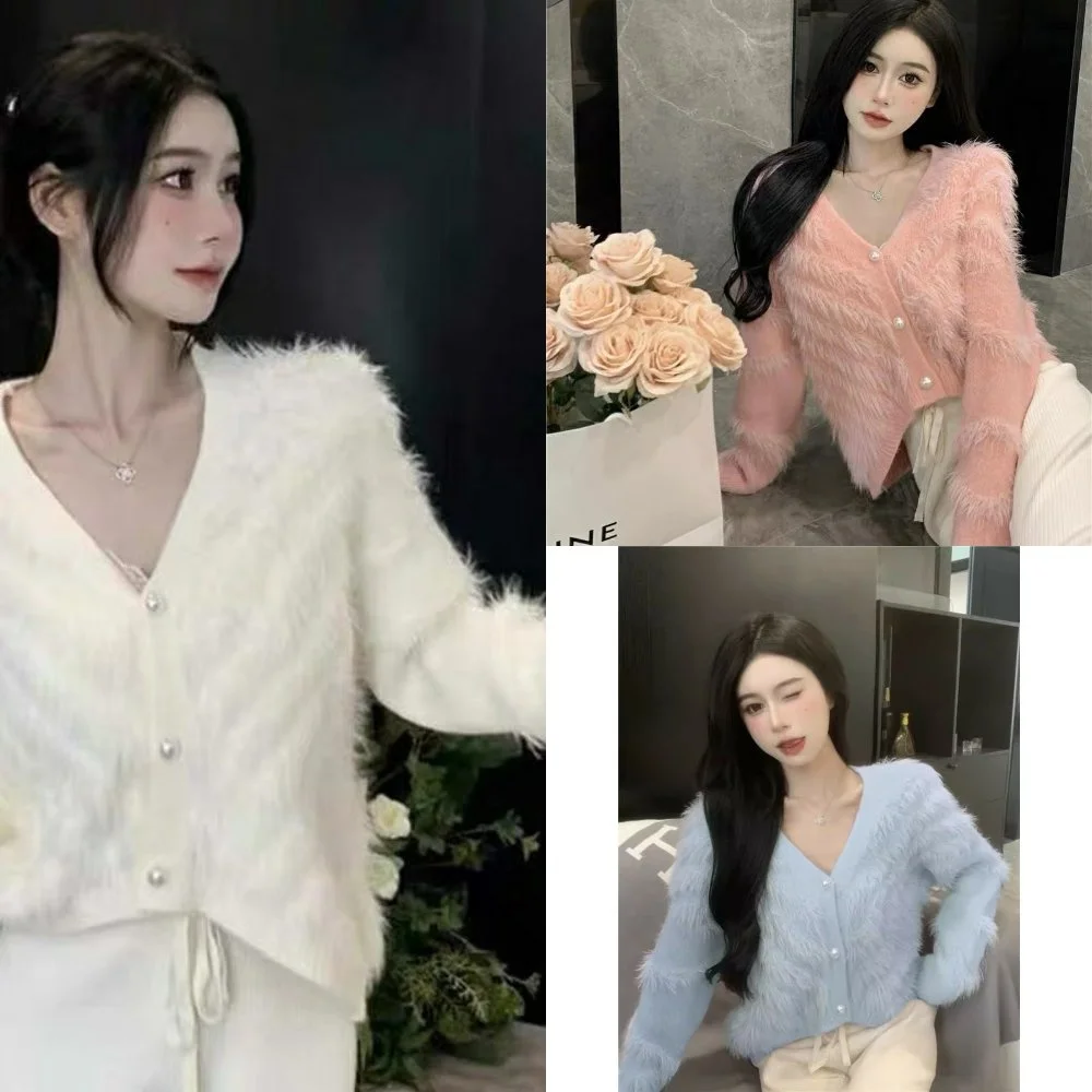 

Soft Plu Milk Длинные волосы Теплый ор Пальто Princ Velvet Simulation Sweet Princ Sle Свободный свитер V-Ne для поездок на работу