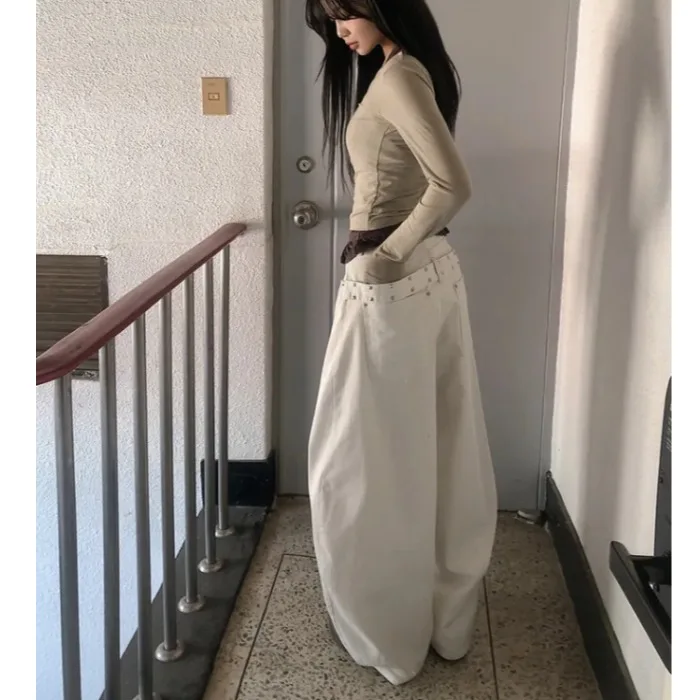 Retro Studs Rivet Back Waist Belt Design Loose Wide Leg Jeans High Waist Straight Leg Jeans Casual Cotton Denim Pure Color