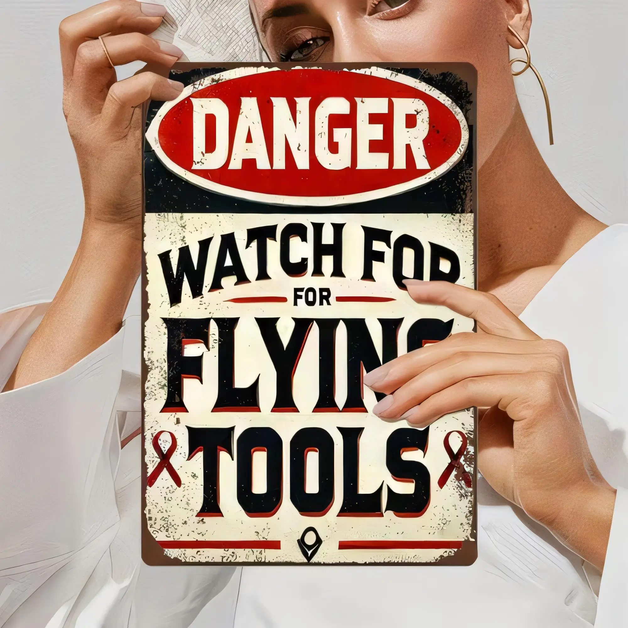 Tin Sign Danger Watch For Flying Tools Warning Metal Sign Vintage Industrial Work Shop Garage Wall Decor Gift,   Retro Rust Patt