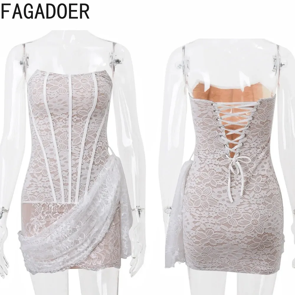 FAGADOER Vintage Elegant Lace Dress Mesh See Through Bandage Dresses Hot Girl for Party Club Birthday Vestidos +Lace Gloves