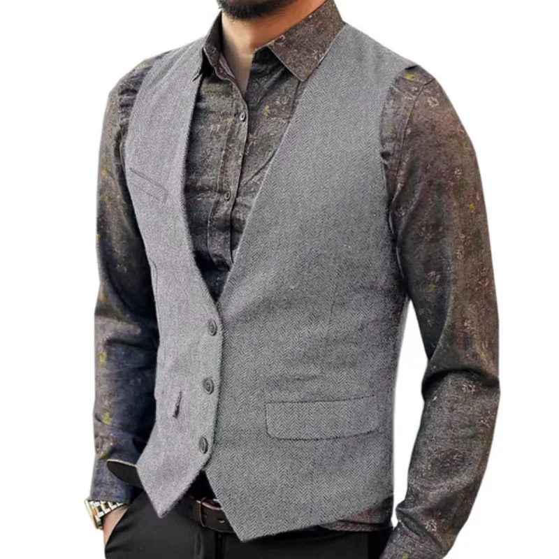 

Herringbone Men Vest Light Gray Slim Fit V Neck Single-breasted Waistcoat Casual Formal Business Wedding Work Vest