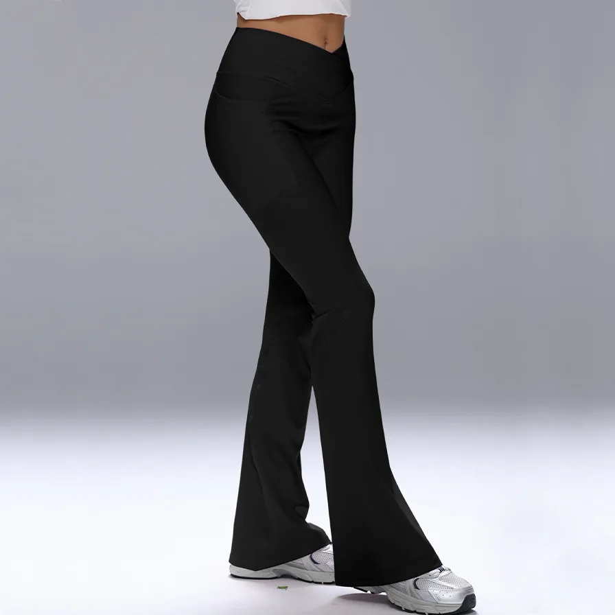 Damskie legginsy z rozszerzanymi nogawkami, krzyżowany pas, spodnie do ćwiczeń na siłowni, fitness, na co dzień, spodnie do jogi, marszczone legginsy sportowe z kieszeniami.