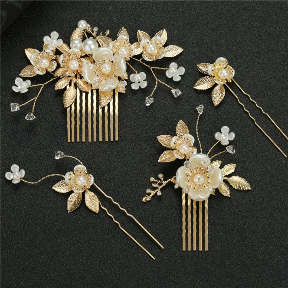 4Pcs Bridal Golden Flower Hair Set, Shell Pearl & Crystal Design, Ideal for Wedding & Bridesmaid Hairstyles