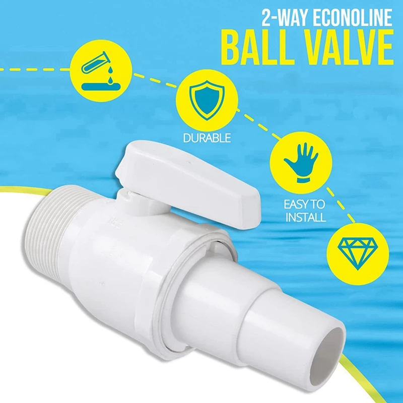 2 Pack Way Ball Valve White 1.5Inch MIP X 1.52Inch For Hayward Econoline PN. SP0729 Swimming Pool Two-Way Ball Valve