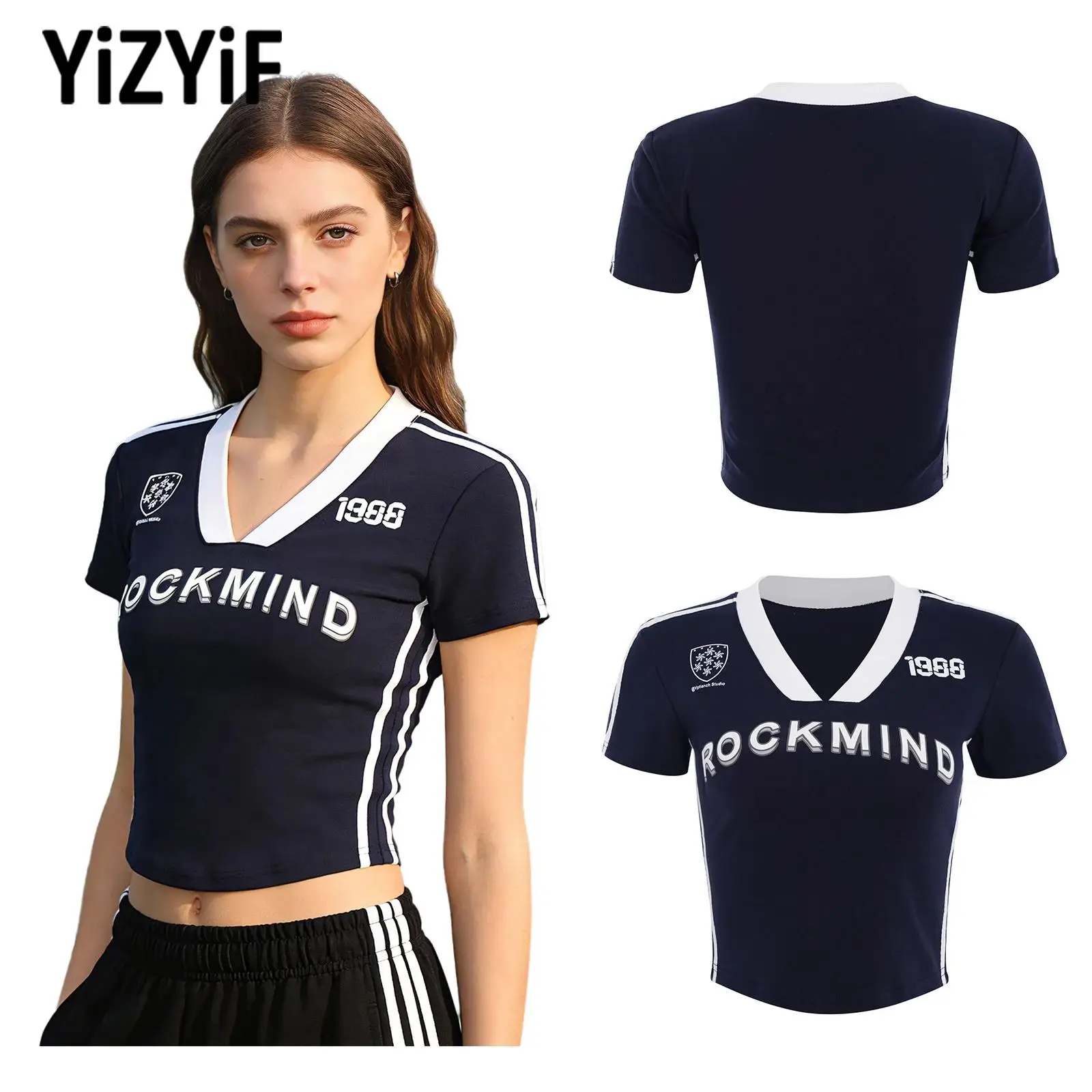 

Womens Street Tops Gym Yoga Clothes Beach Wear Contrast Color Side Stripes Crop Top Short Sleeve T-shirt Curved Hem Sports Tops