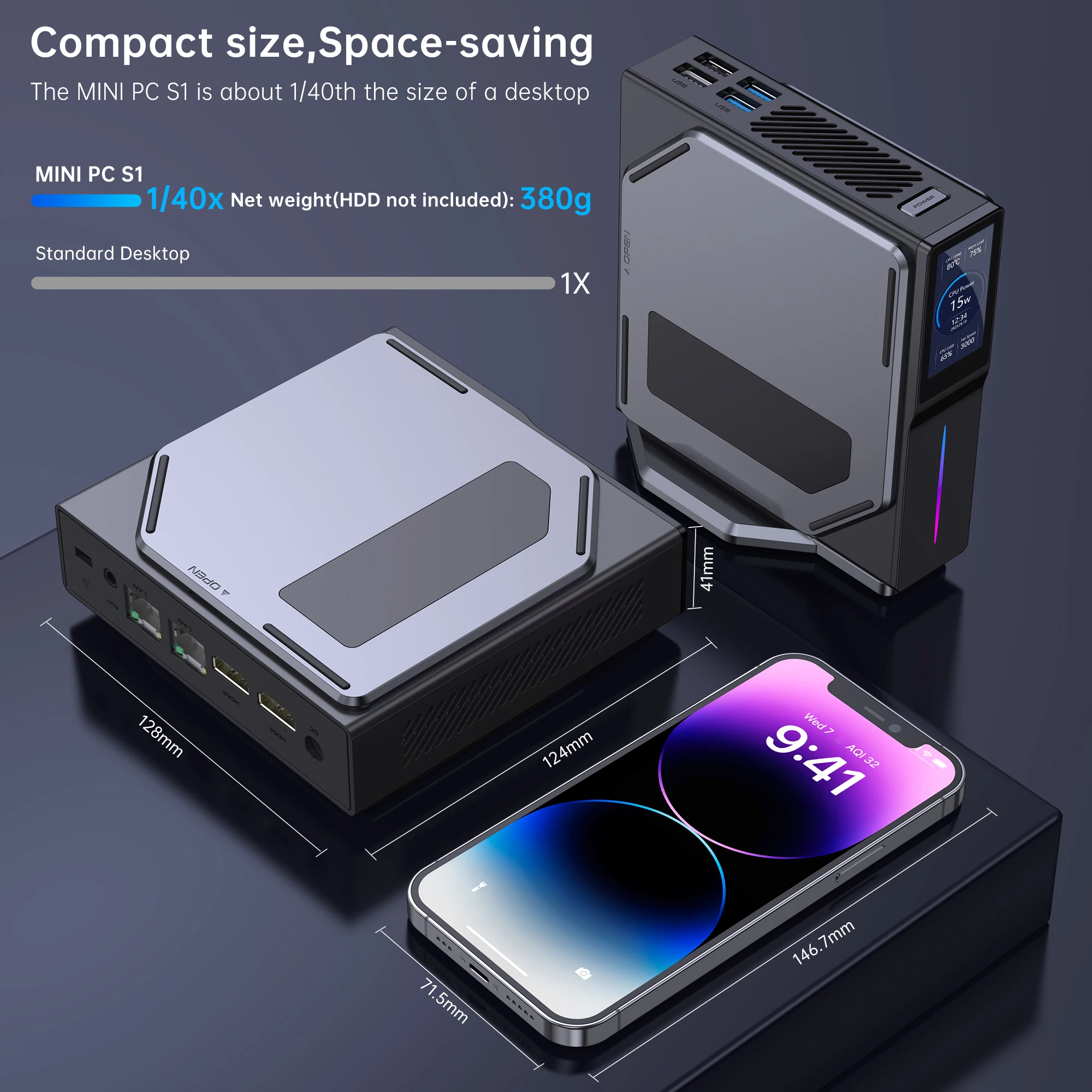 ACEMAGIC S1 미니 PC 게이밍 컴퓨터, 윈도우 11, 인텔 12 번째 알더 레이크 N100, DDR4, 16GB, 512GB, 와이파이 5, 블루투스 4.2 VGA