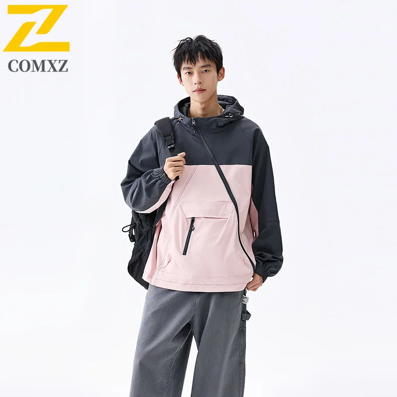 

Men Charge Jacket Color Blocked Soft Shell Outdoor Sports Windproof Waterproof Breathable Hooded Coat Casual Loose Windbreaker