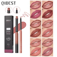 QIBEST 2 uds lápiz labial delineador de labios conjunto de lápiz delineador de labios de terciopelo mate maquillaje de contorno lápiz labial rojo Sexy cosméticos de larga duración