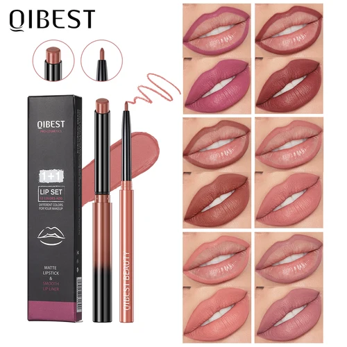 QIBEST 2 uds lápiz labial delineador de labios conjunto de lápiz delineador de labios de terciopelo mate maquillaje de contorno lápiz labial rojo Sexy cosméticos de larga duración