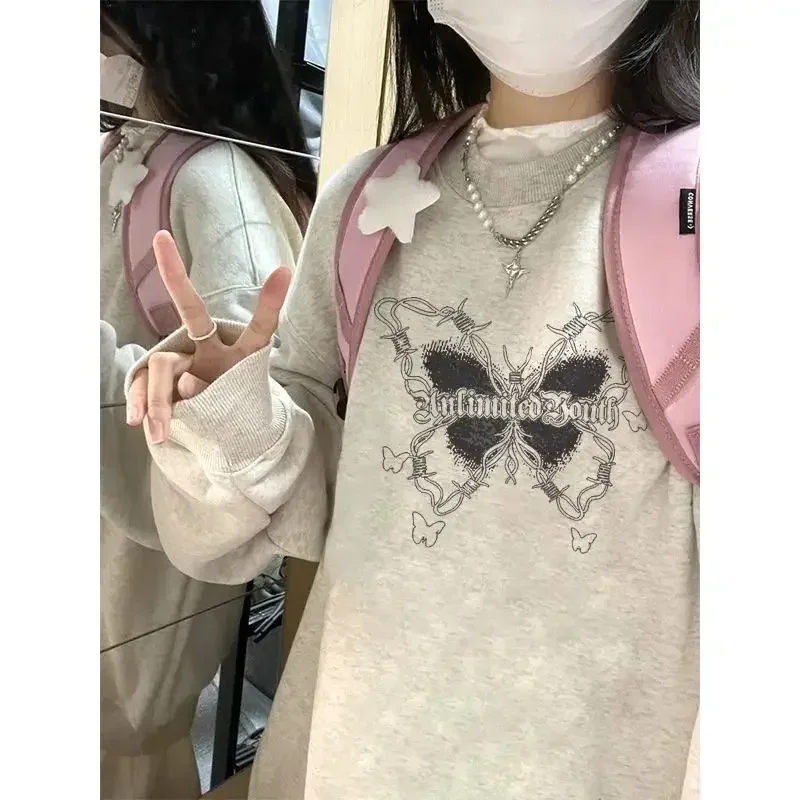 Black O Neck Butterfly Print Vintage Sudaderas Mujer Bf Y2k Casual American Preppy Style Hoodies Women Oversize Sweatshirts