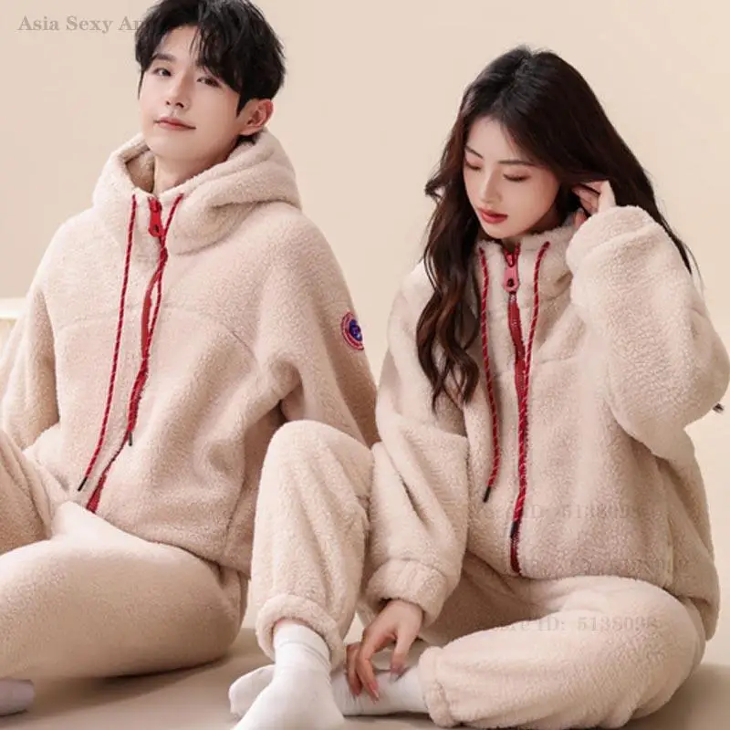 

Thick Coral Fleece Men Pajamas Set Autumn Winter Couple Sleepwear Hooded Trouser Suits Loose Flannel 2 PCS Shirt Pant Homewear