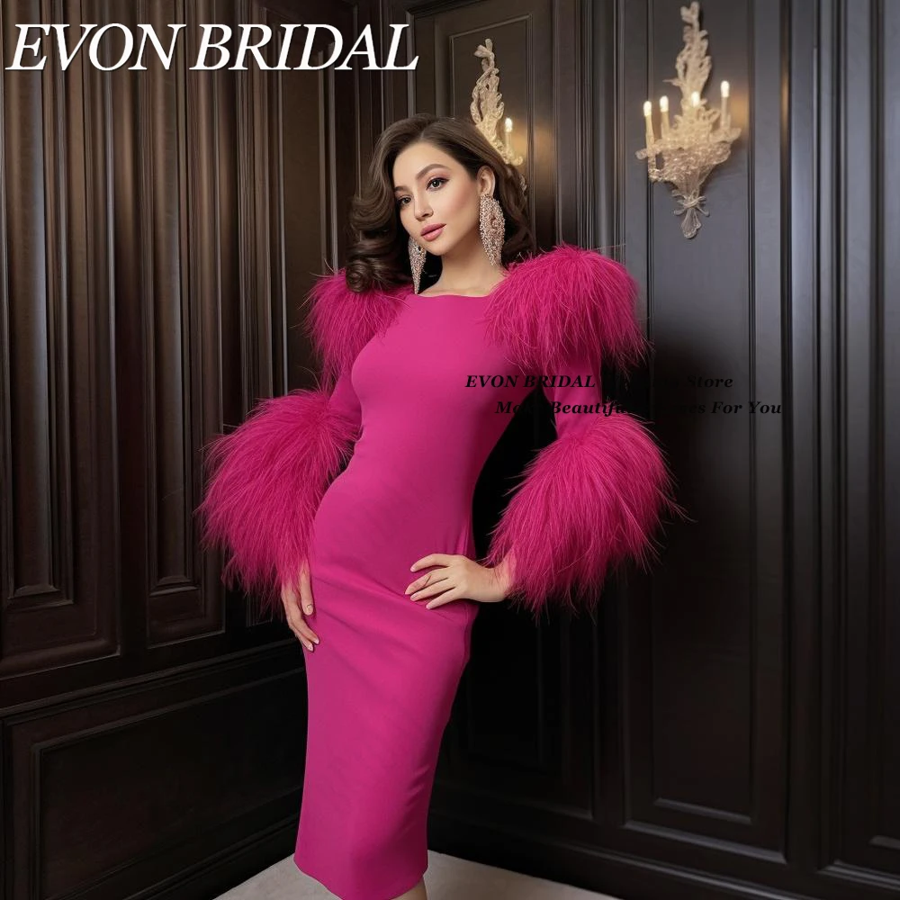 EVON BRIDAL Mermaid Prom Dresses With Feathers Long Sleeves vestido de gala mujer Women Satin Knee-Length Party Gowns Sexy 2024