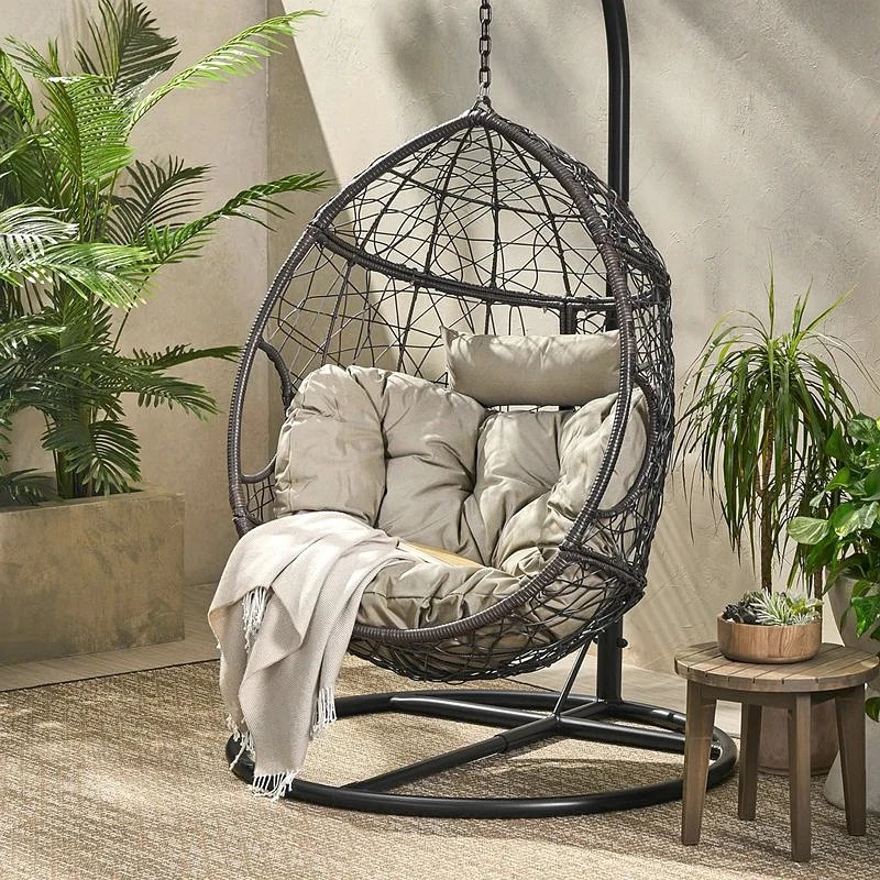New Design Swing Hanging Belt Steel Frame Rattan Chair Brown