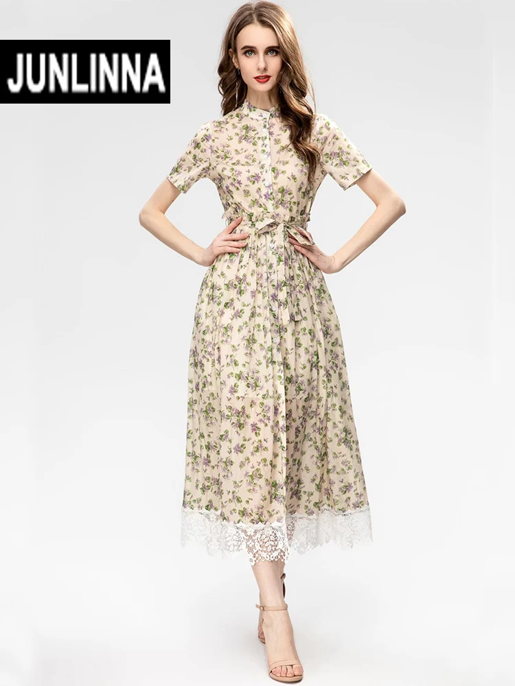 

JUNLINNA Cotton Floral Print Dress Summer Fashion Ruffle and Chemical Lace Panelled Holiday Vestidos Belt Slim Party Vacation