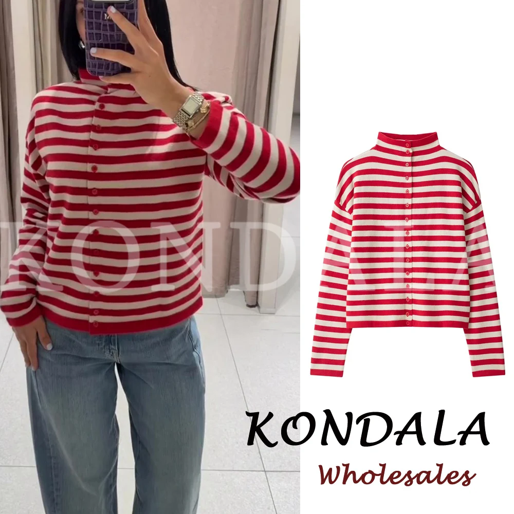 KONDALA Chic Red Striped Women Autumn Streetwear Knitwear Elegant Single Breasted Fashion 2026 Knit Female Y2k Vintage Sweater