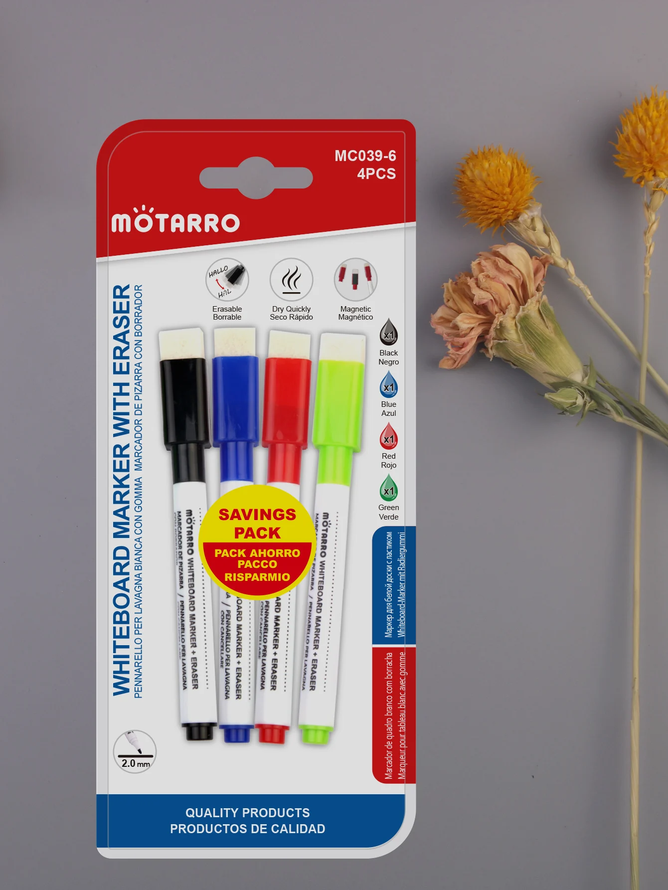 MOTARRO 4Pcs Whiteboard Magnetic Markers Set Fine Tip Dry Erase Markers with Eraser for Home Office School Supplies