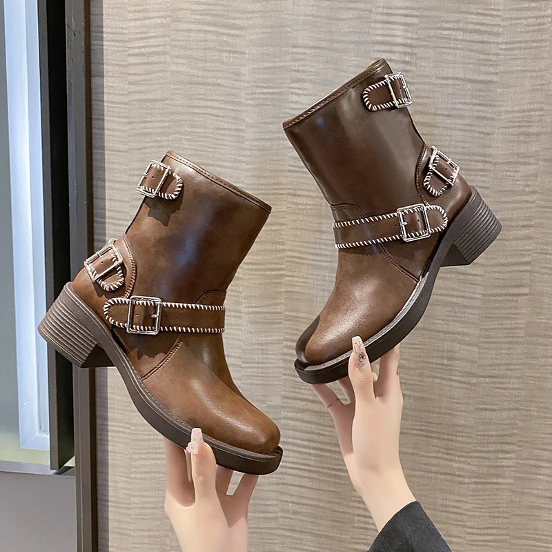 

Luxury Real Leather Mid Calf Chelsea Boots Women High Quality Chunky Heel Platform Short Boots Fashion Cowboy Knight Boots Woman