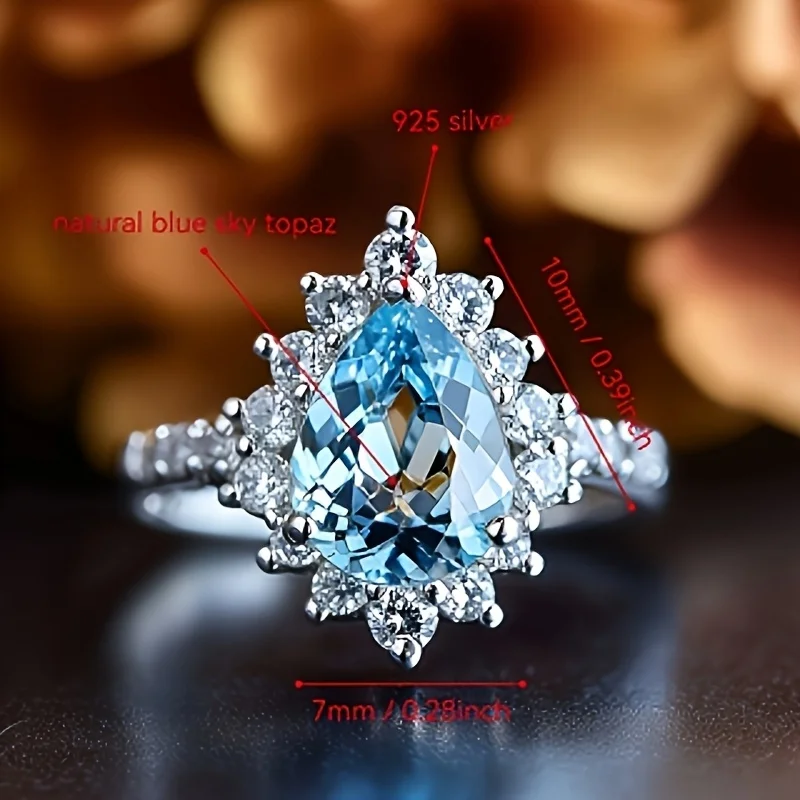 

SGARIT натуральное кольцо с кристаллами-каплями для женщин, стерлинговое серебро S925, небесно-голубое кольцо с топазом, свадебные украшения для помолвки