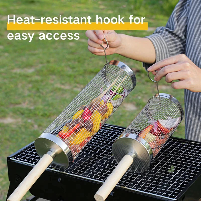 Rolling Bbq Basket- Greatest Grilling Basket Ever, Round Stainless Steel Grill Mesh, Camping Barbecue Rack For Vegetables,Fish