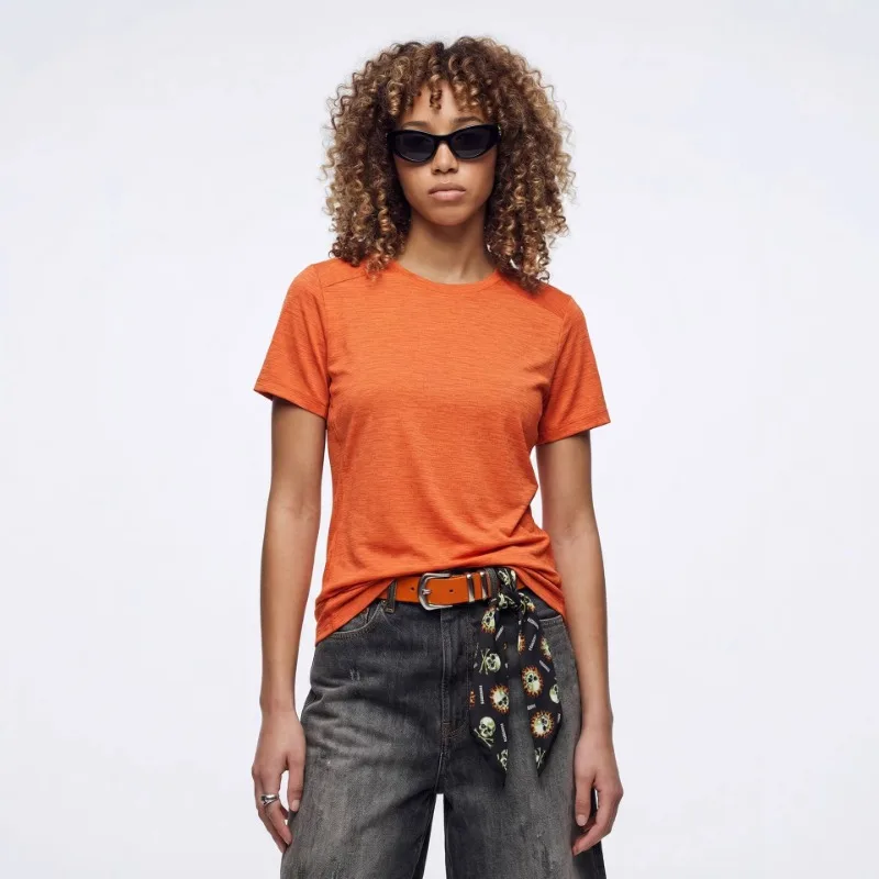 

Женская футболка с круглым вырезом и коротким рукавом, повседневная, приталенная, текстурированная, однотонная, базовая модель