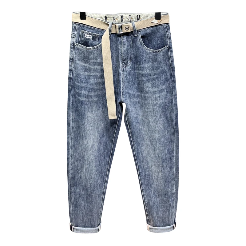 Fashion Recommendation Ins Trendy Jeans Men's Slim Fit Feet Spring and Summer Thin Light Blue Cropped Pants Men