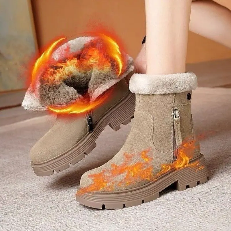 Boots For Women Round Toe Side Zipper Motorcycle Boots 2024 Winter New Suede Platform Shoes Mid Calf Flat With Shoes Casual New
