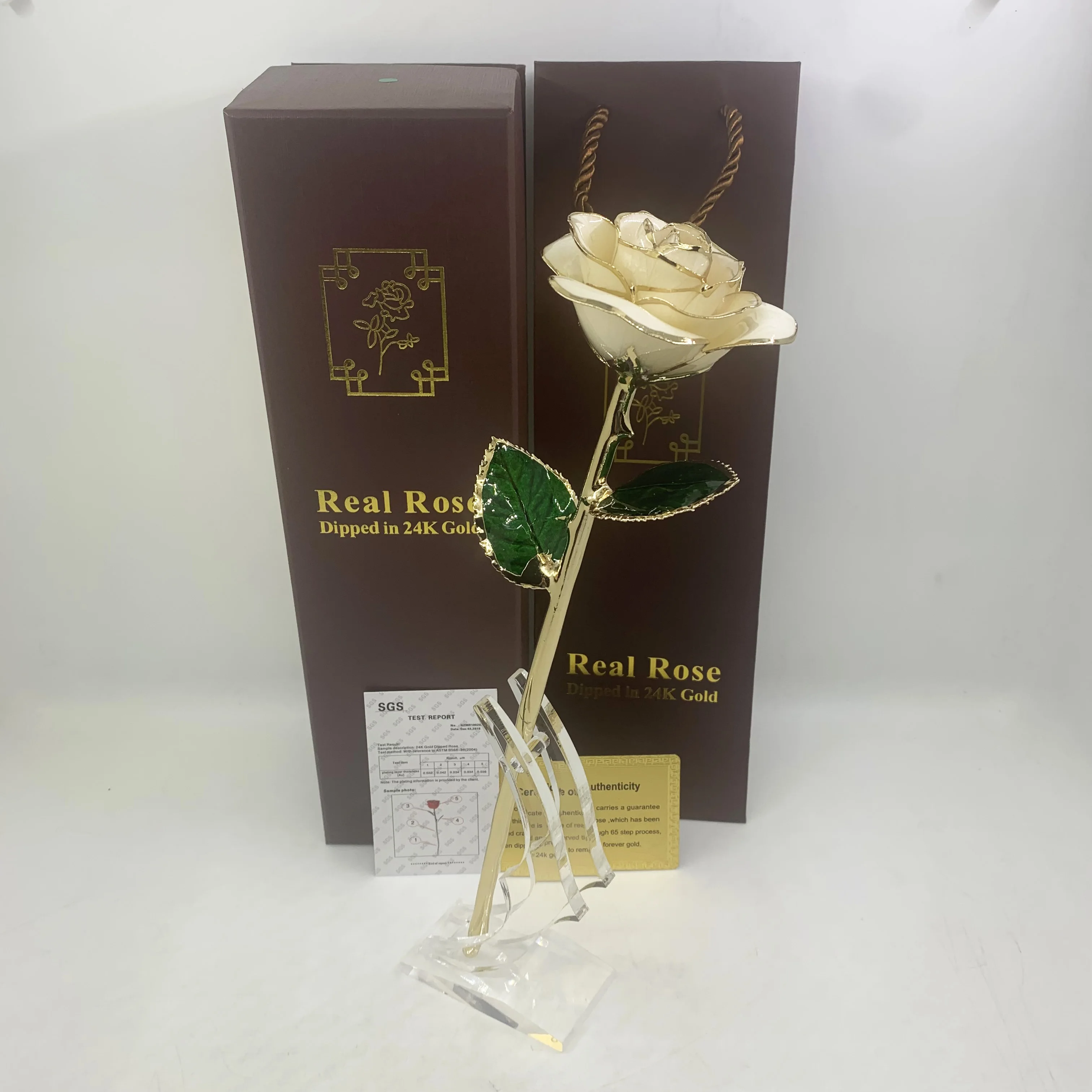 

24k Gold Dipped Beauty and the Beast Eternal Rose Flowers with Stand Wedding Decor Gifts for Women Mom Pearl white flower gift