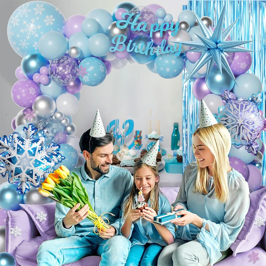 Blue Purple Sliver White Frozen Snowflake Balloon Arch Garland Kit for Winter Wonderland Birthday Snow Queen Party Decorations view 5