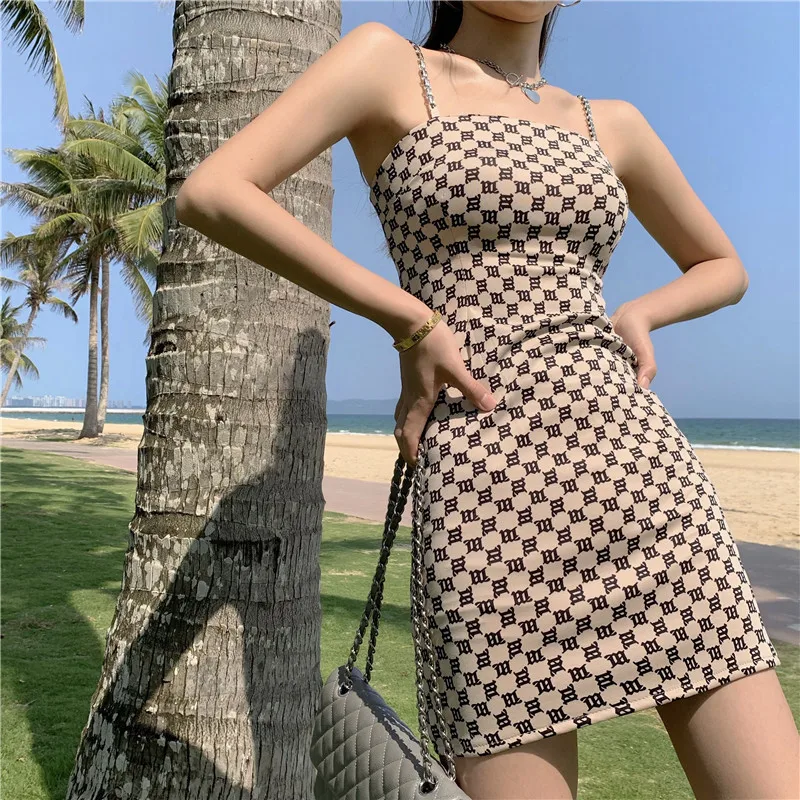 Retro Plaid Sexy Spaghetti Strap Bodycon Mini Dress Women Summer Casual Slim Party Short Fashion Backless Short Dresses Vestido