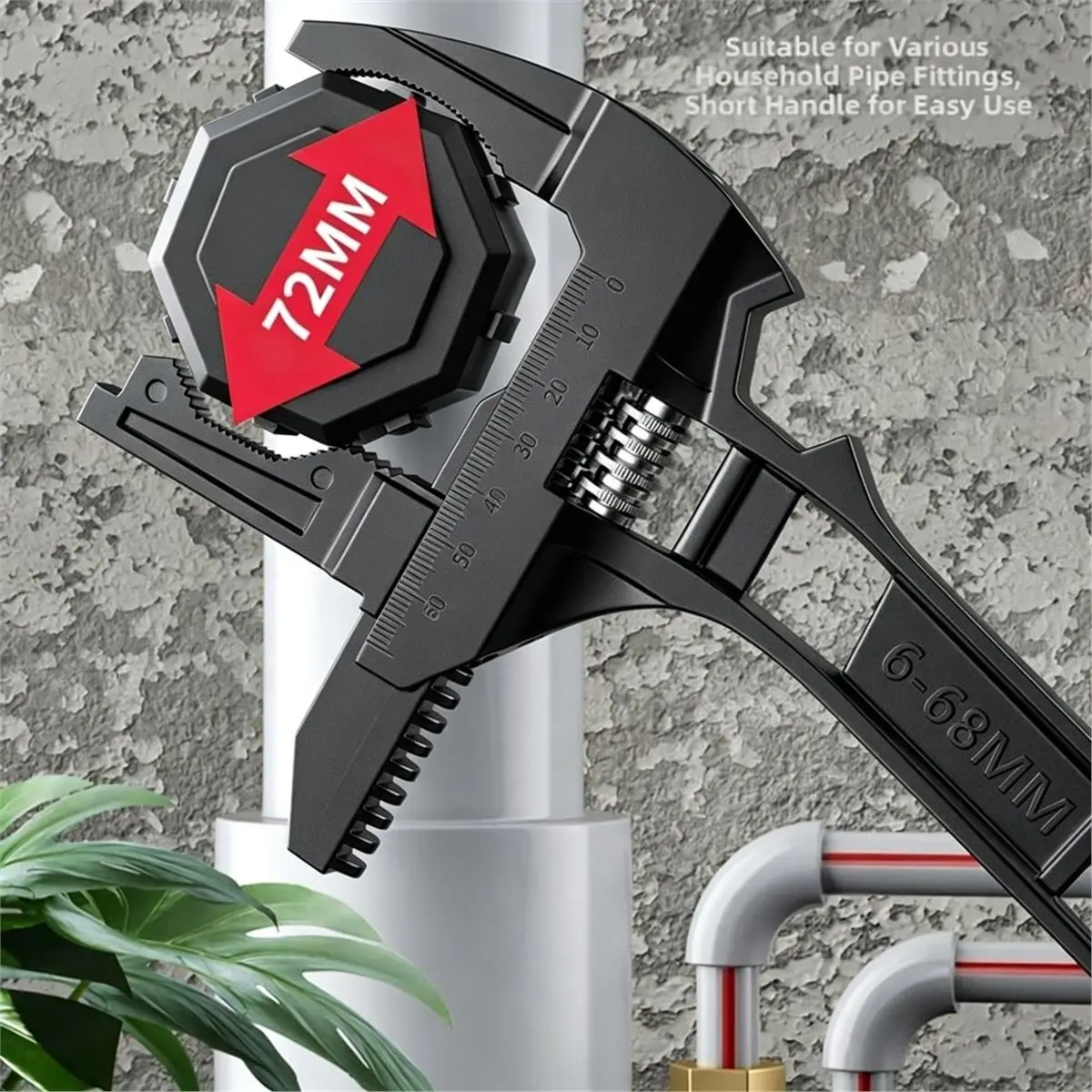 Adjustable Wrench 6-68mm Universal Repair Set , 8Inch Short Shank Large Openings Wide,for Bathroom Washbasin Tube Nut