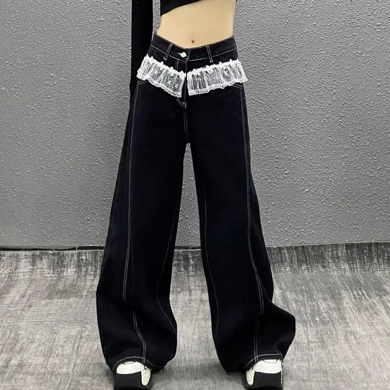 

Fashion Lace Trim Detail Beading Trousers Female Clothing High Street Denim Pants Spring Autumn Wide Leg Vintage Loose Jeans