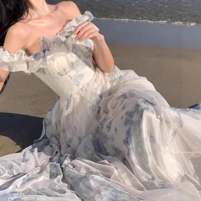 Summer French Ruffle Edge Dresses for Women Korean Fashion Women's Seaside Vacation Suspender Maxi Dress2026 New Fairy Dress